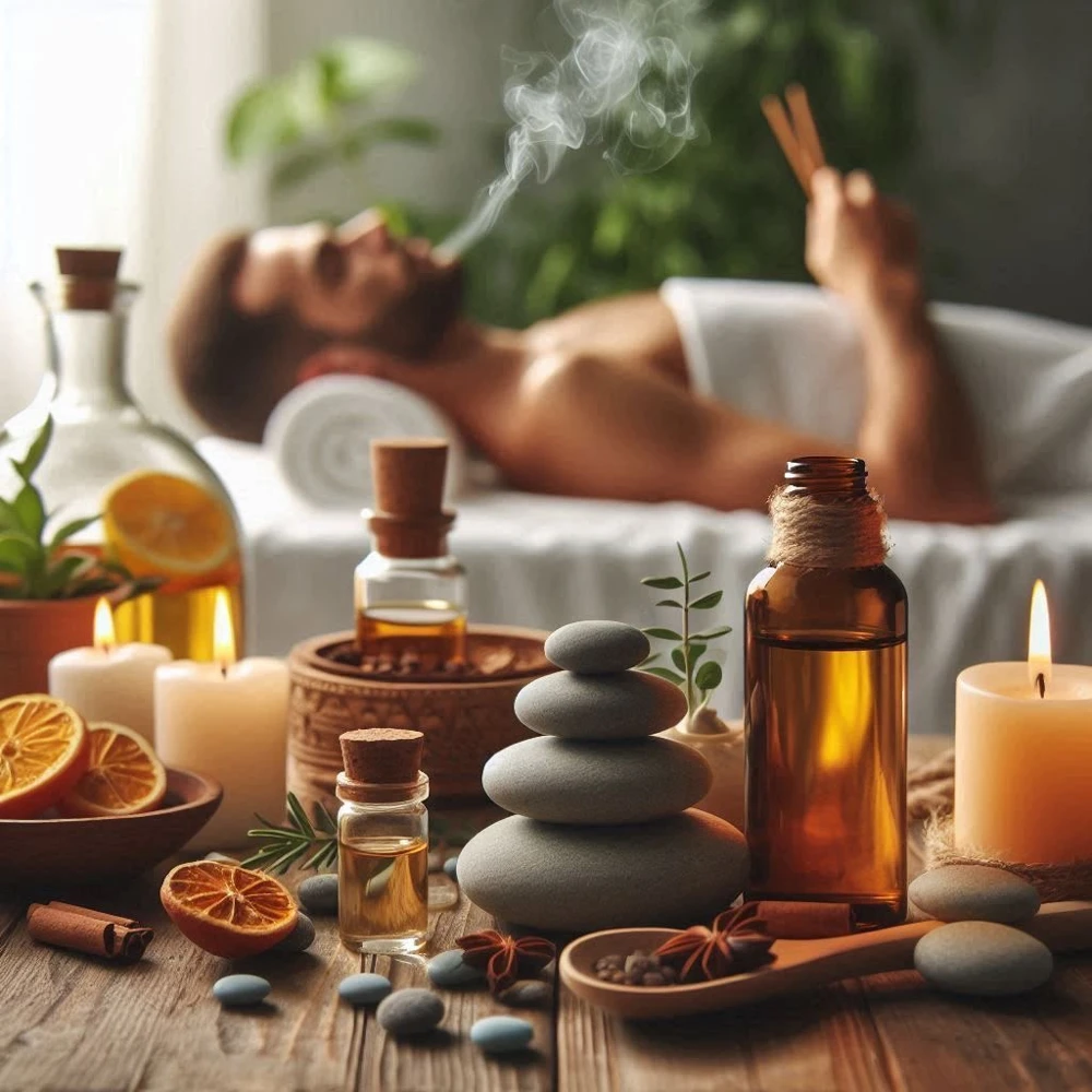 Aromatic oils, candles and a relaxing spa setting