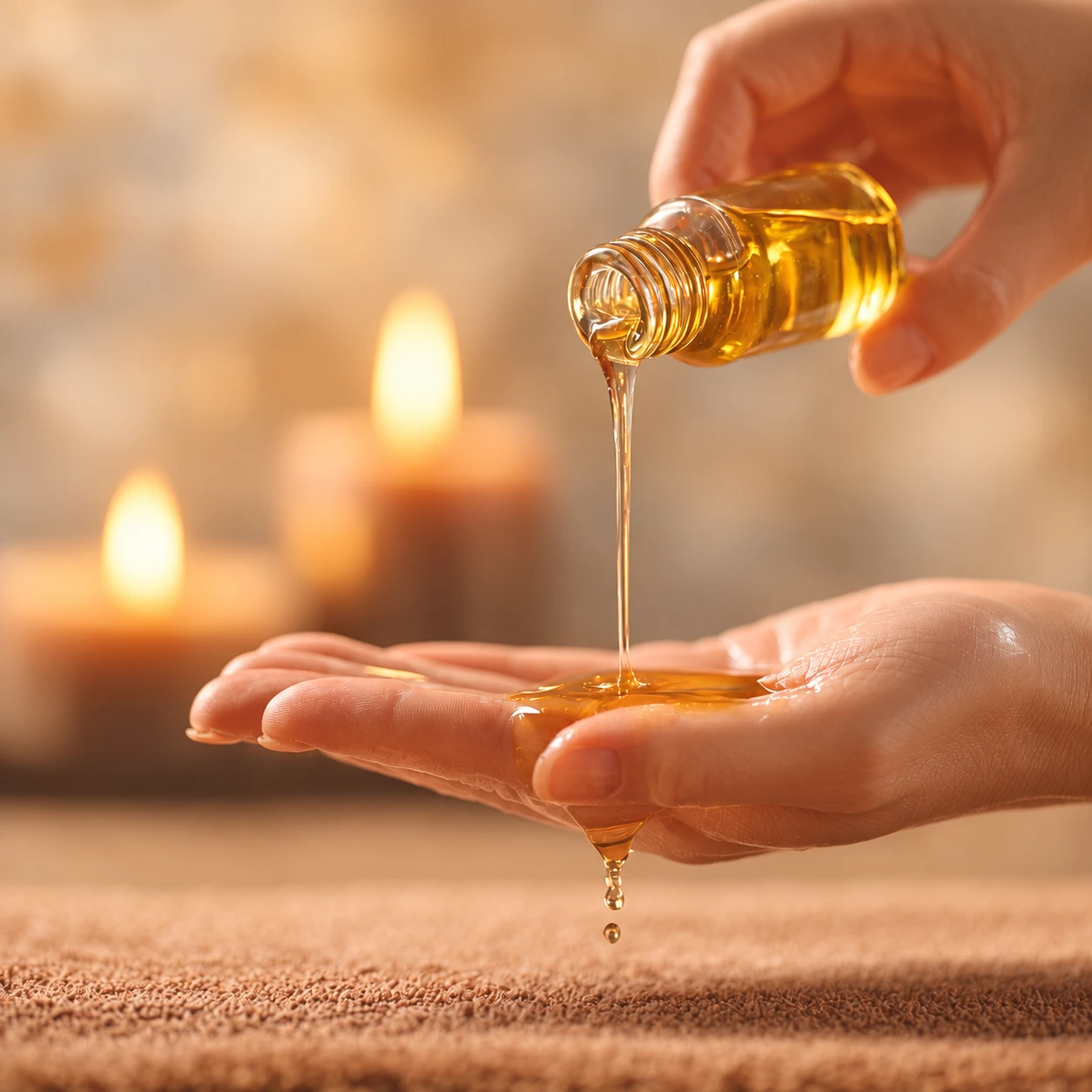 Golden massage oil poured into a hand beside softly glowing candles