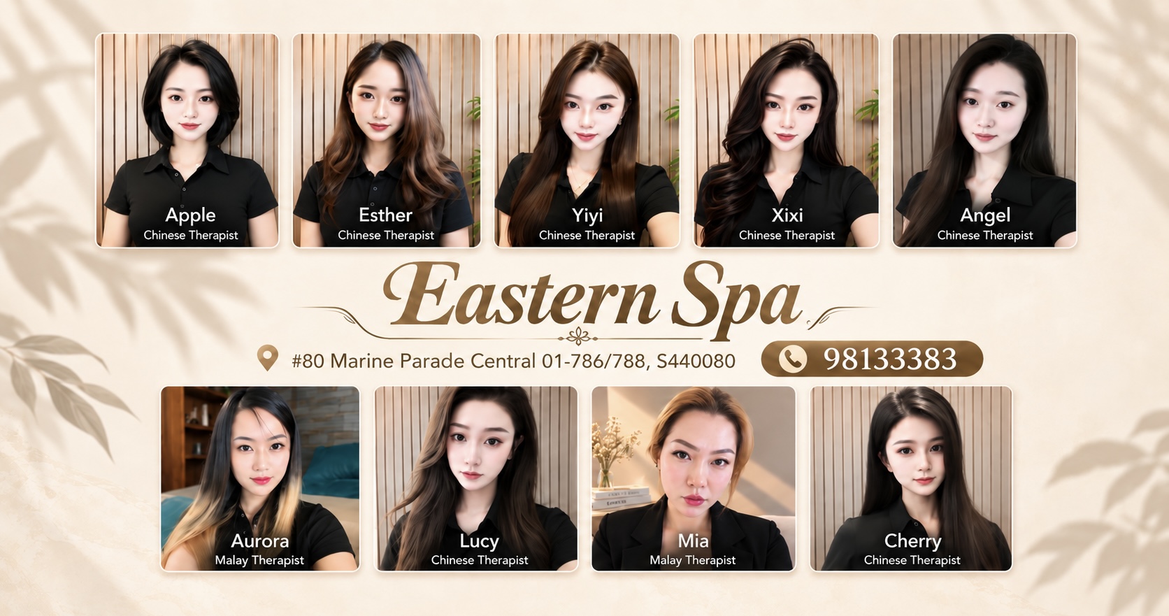 Eastern Spa therapists: Apple, Esther, Yiyi, Xixi, Angel, Aurora, Lucy, Mia and Cherry